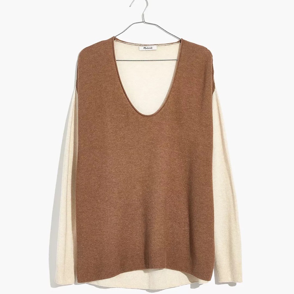 MADEWELL Oversized Colorblock Cream and Tan Merino Kimball Pullover Sweater, XS - Picture 3 of 13
